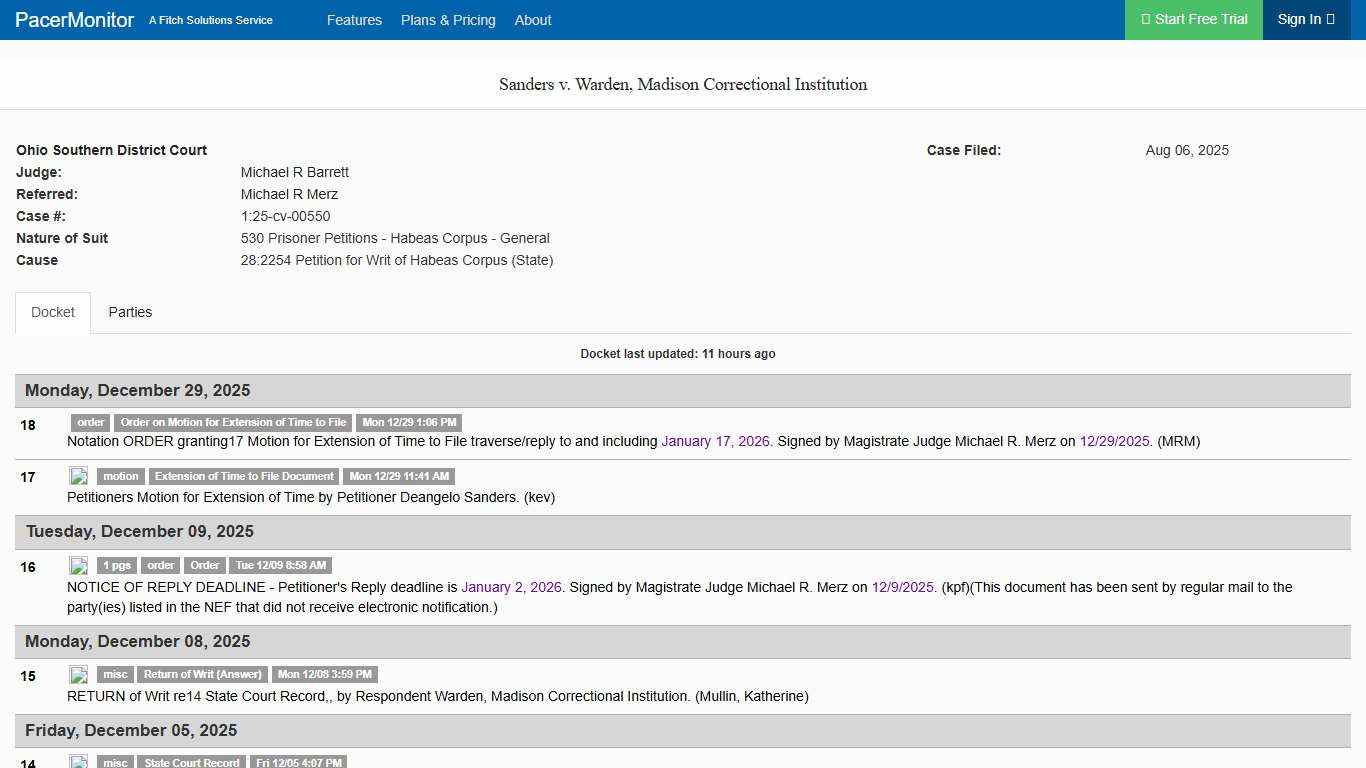 Sanders v. Warden, Madison Correctional Institution (1:25-cv-00550), Ohio Southern District Court