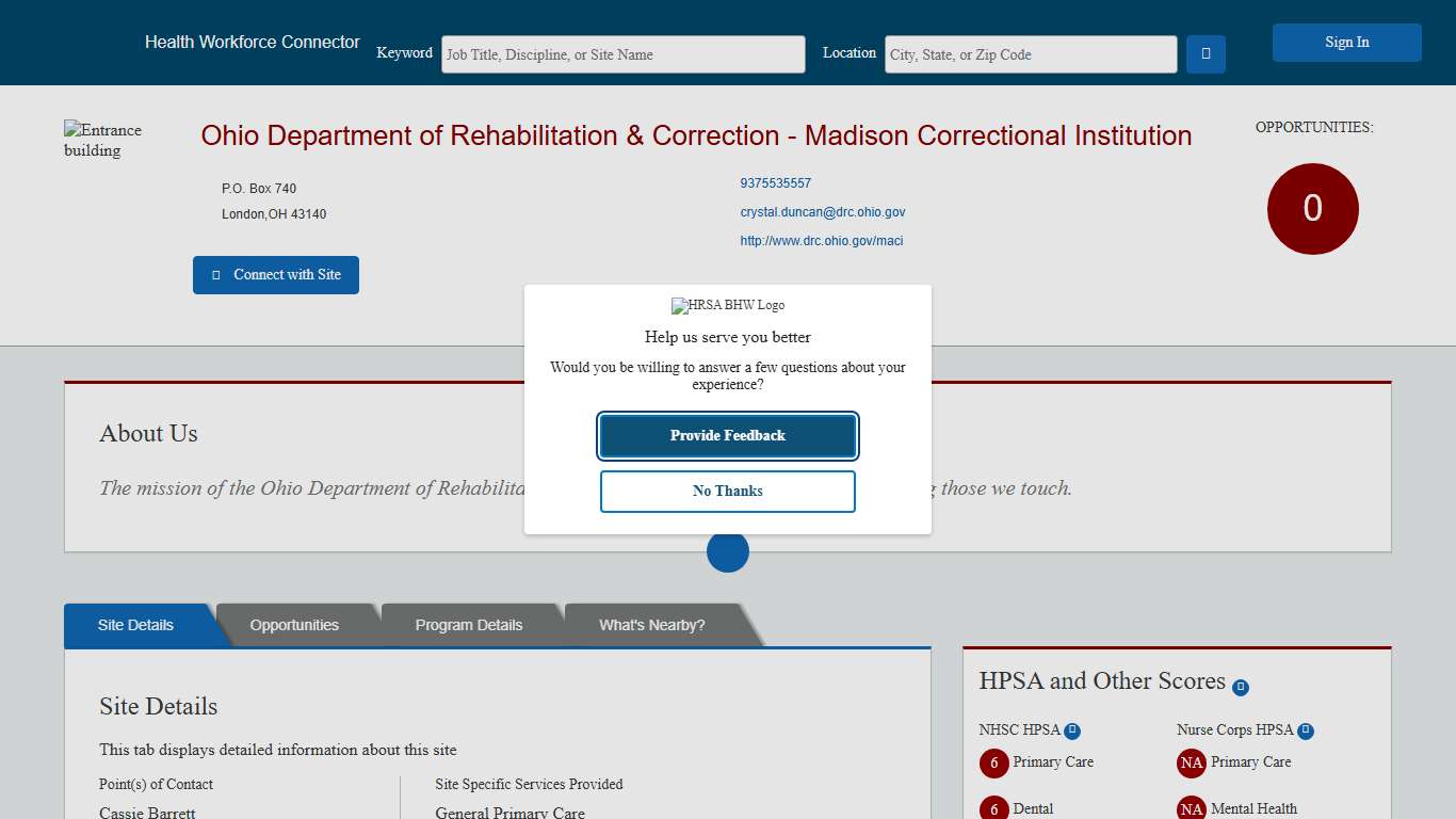 Health Workforce Connector - Site Profile Page